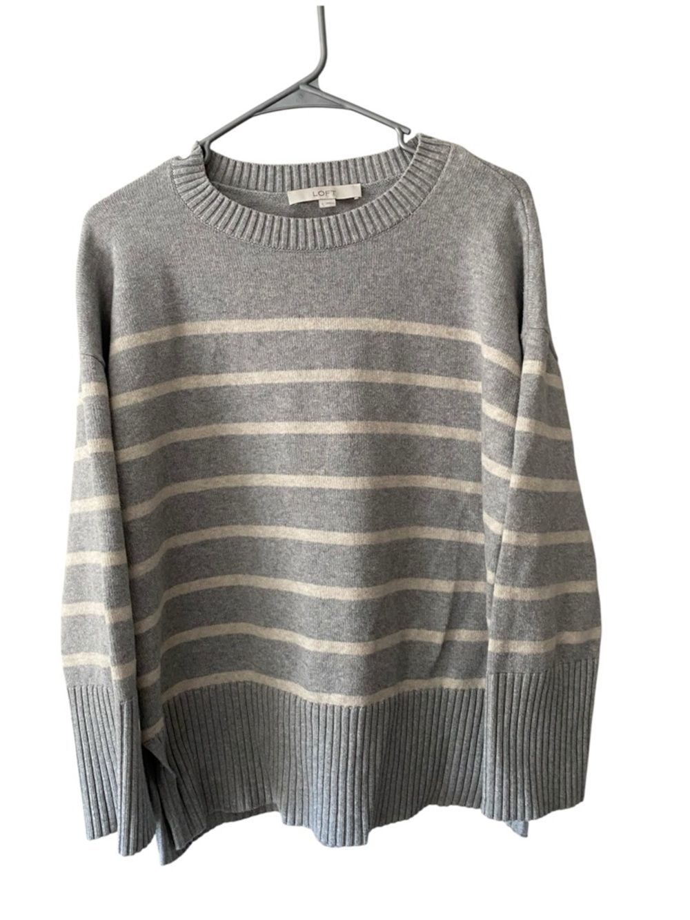 LOFT Striped Crewneck Sweater | Size L |Heather Gray & Cream | Minimalist